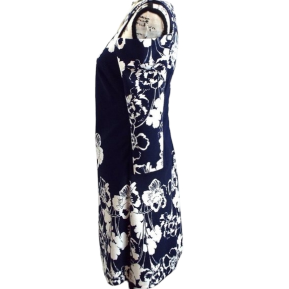 Eliza J Navy Blue and White Cold Shoulder Floral Pansy Print Dress Size 6 - Picture 7 of 12